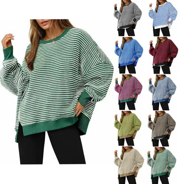 2025 European and American Export Cross-Border Women's Clothing Amazon's Popular Waffle Knitted Long-Sleeved Round Neck Slit Pullover Sweatshirt