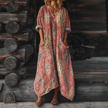 2025新款独立站女式复古花卉艺术风格数码印花V领口袋连衣裙