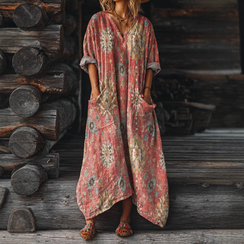 2025新款独立站女式复古花卉艺术风格数码印花V领口袋连衣裙