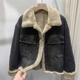 加绒牛仔外套女秋冬季2026新款爆款复古加厚羊羔毛棉服短款小个子