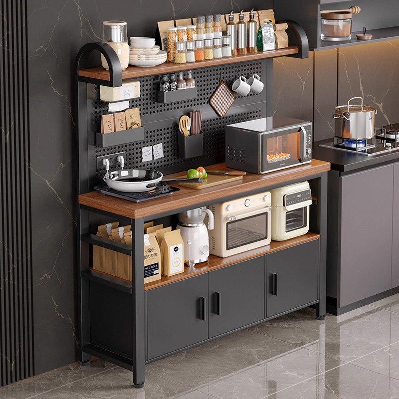 新款厨房置物架多功能洞洞板靠墙工作台微波炉锅具收纳架餐边橱柜
