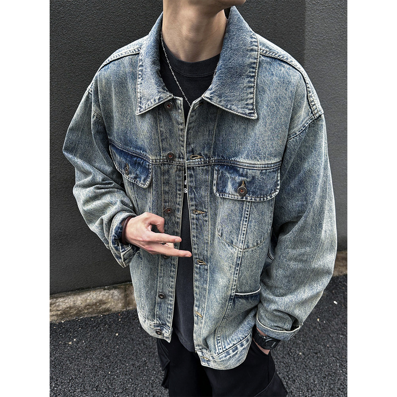 Antique Washed Vintage Denim Jacket Men's Spring and Autumn All-match Casual Textura Long-sleeved Style Trendy Simple Jacket