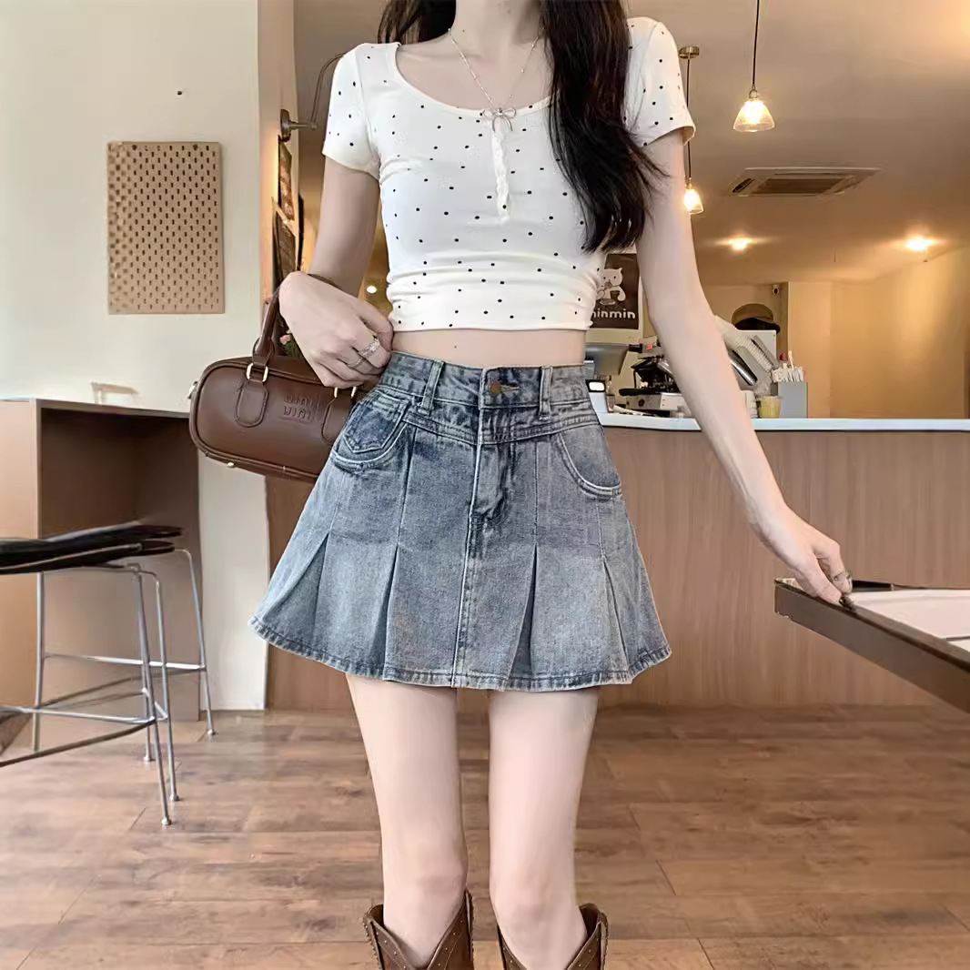 American Style Retro Blue Chic Spice Girl Denim Skirt Women's Short High Waist Design Sense A- line Pleated Skirt for Summer