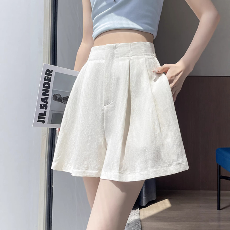 White Cotton-Linen High-Waisted Women's Summer Thin Suit Shorts, New Elastic Waist Slimming A-Line Wide-Leg Five-Point Pants 11328