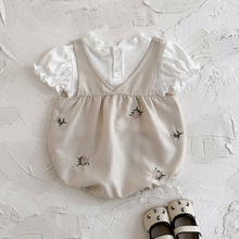 婴幼儿衣服女宝宝爬服夏季刺绣碎花哈衣泡泡袖包屁连体衣外出服