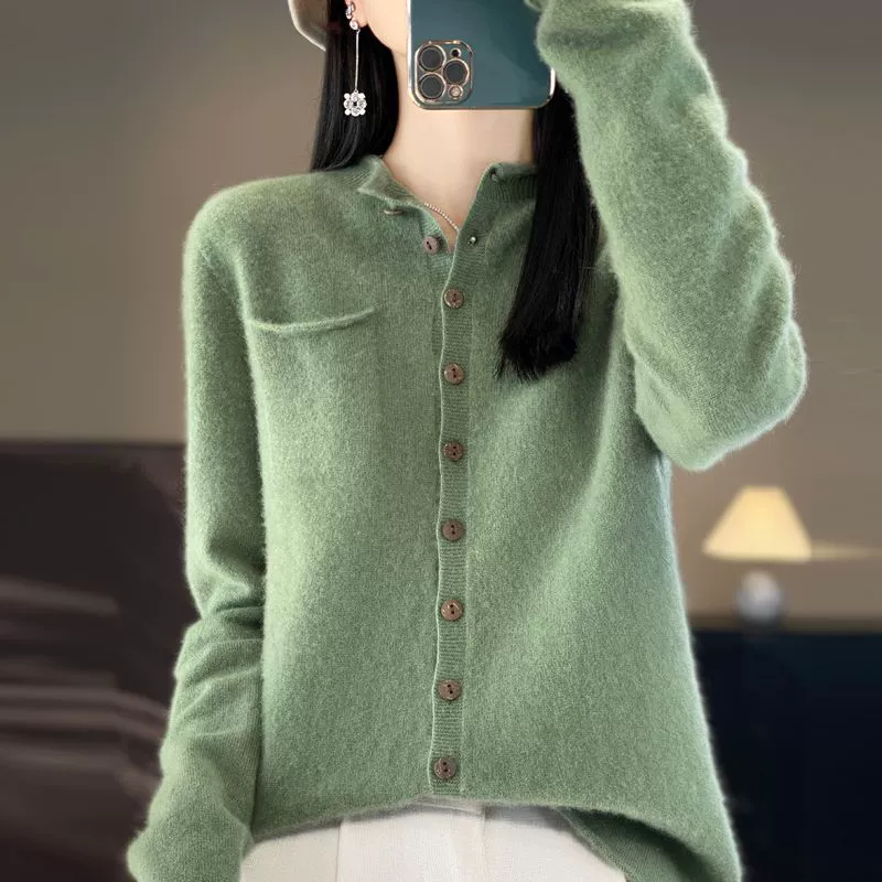 Woolen knitted sweater, cardigan, jacket, round collar, oversize