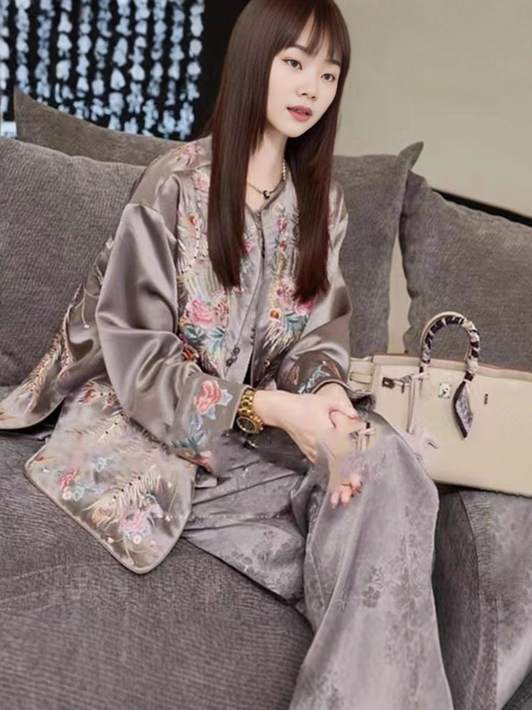新款轻奢高级感时尚穿搭新中式国风女装刺绣上衣裤子两件套装大码|undefined