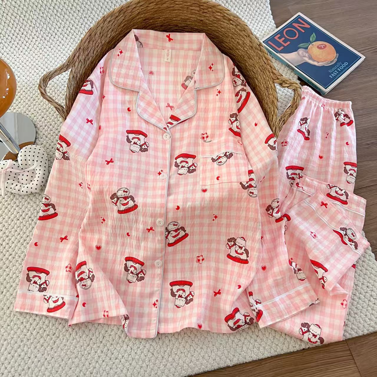 Algodón nublado al por mayor transfronterizo nuevo pijama de niña pantalones de manga larga delgados dulces dibujos animados impresión de ropa para el hogar set