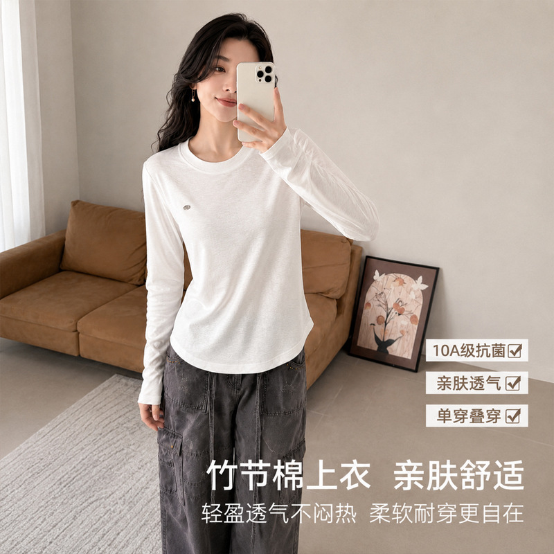 Fuxinna women's long-sleeve t-shirt with round neck and straight shoulders, suitable for spring, autumn, and winter, slim-fit, slimming, printed basic base shirt top Fuxinna women's long-sleeve t-shirt with round neck and straight shoulders, suitable for spring, autumn, and winter, slim-fit, slimming, printed basic base shirt top