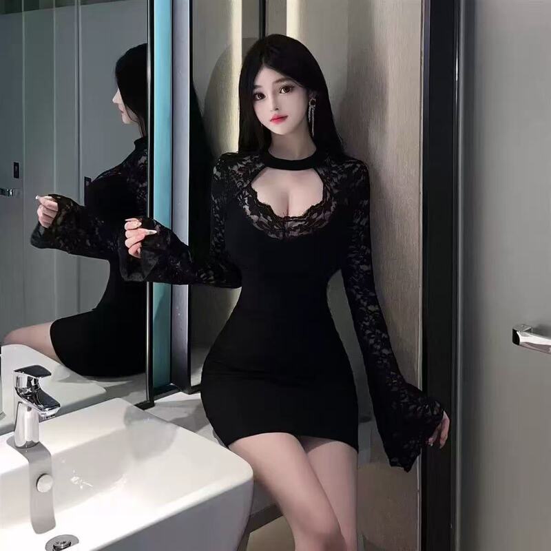 Black Sexy Long-Sleeved Lace Splicing Dress, Ladylike Elegant, Cut Out Bell Sleeves, Slim Fit, Hip-Hugging Skirt for Women Black Sexy Long-Sleeved Lace Splicing Dress, Ladylike Elegant, Cut Out Bell Sleeves, Slim Fit, Hip-Hugging Skirt for Women
