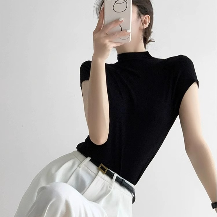 High-end Black Half-high Neck Short-sleeved T-shirt Women's Summer Interior Slim-fit Ice Silk Knitted Base Shirt Shoulder Top High-end Black Half-high Neck Short-sleeved T-shirt Women's Summer Interior Slim-fit Ice Silk Knitted Base Shirt Shoulder Top