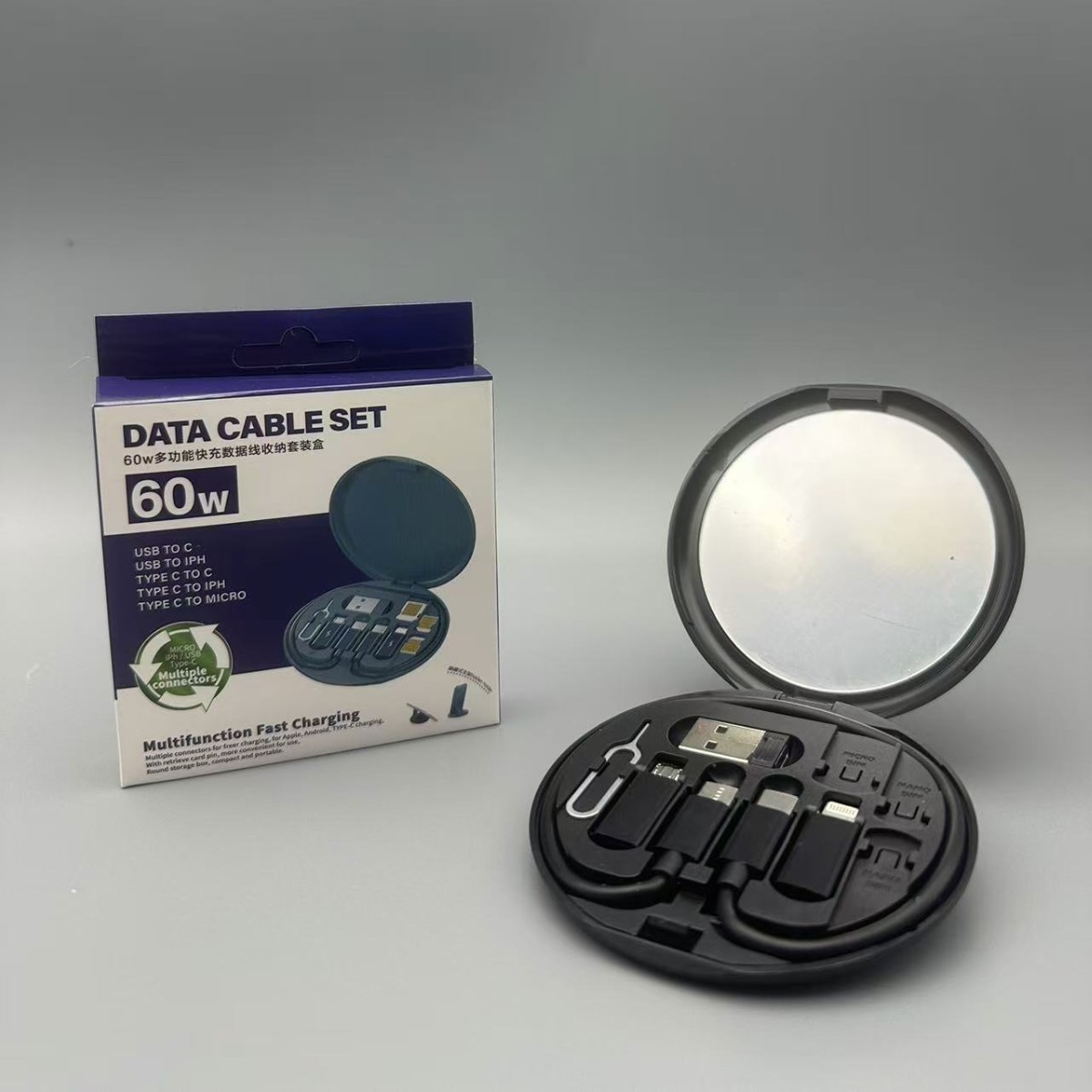 Caja de almacenamiento de cable de datos multifuncional portátil, cable de datos, carga rápida de 60W, fruta plana. Android. USB. Cinco en uno