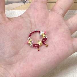 福星！酒红编绳戒指小众设计感显白精致新中式彩色花朵珍珠指环