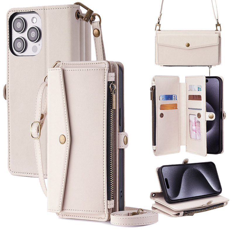 Suitable for Apple 17Promax Phone Strap Leather Case 15Pro Large Capacity 12 Anti-Drop 16Promax Phone Case