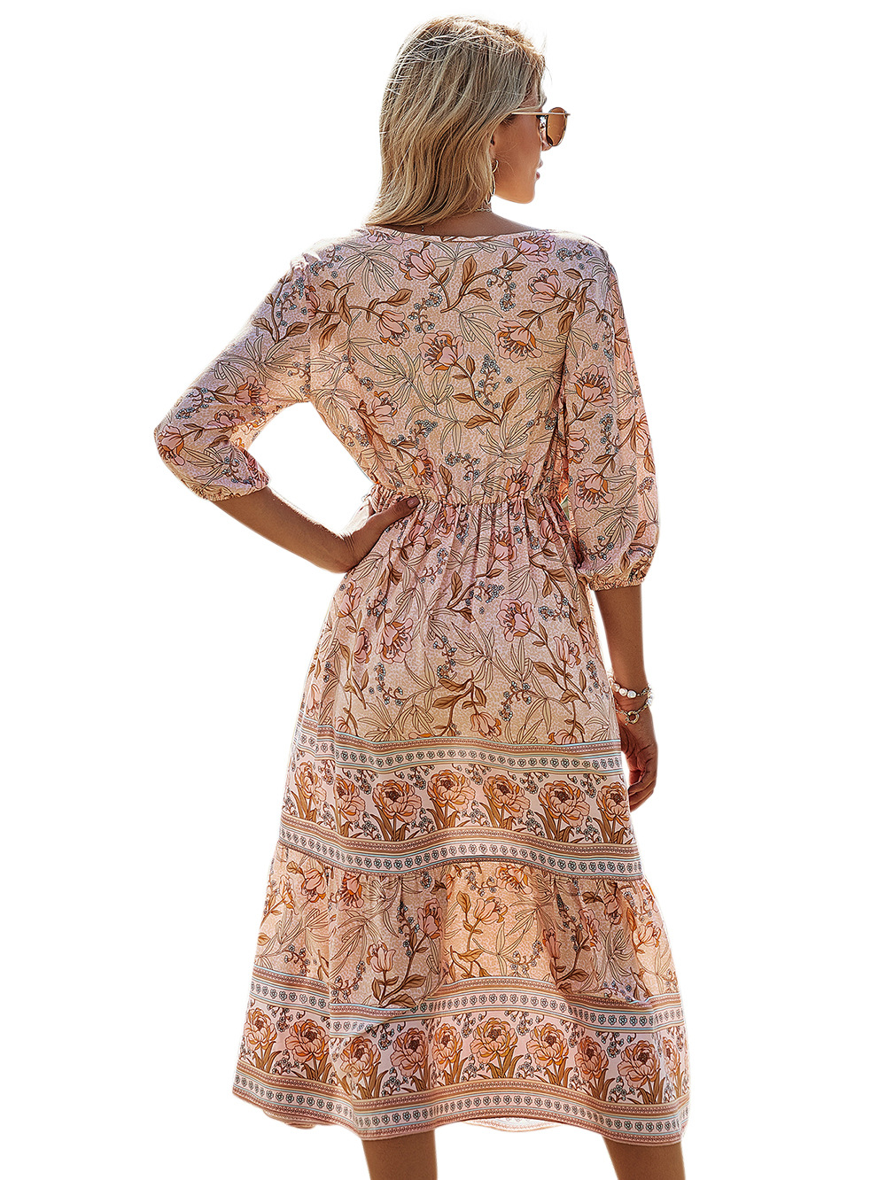 V-neck High Waist Bohemian Dress NSDF23858