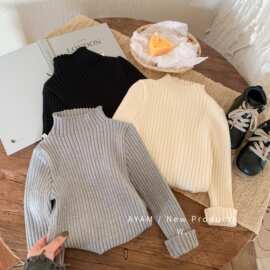 儿童毛衣2026新款男童女童秋冬坑条套头高领弹力修身纯色针织衫