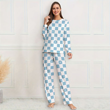 小红书推荐情侣套装女格子元素小熊清新女装浅蓝色长袖长裤家居服