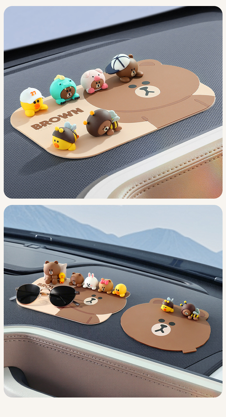 Brown Bear Car Anti-Slip Mat Cartoon Mat Car Interior Decoration Creative Dashboard Phone Holder Waterproof