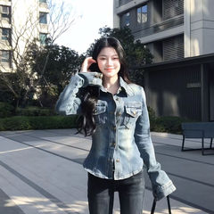 复古蓝色POLO修身弹性衬衫新款牛仔春秋款高级感收外套显瘦上衣女