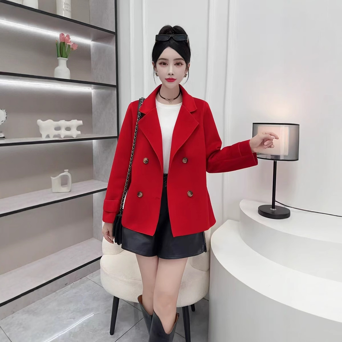 봄과 가을 라이브 폭발 양면 양면 양모 코트 여성용 라이트 럭셔리 올 매치 쇼트 하이 엔드 웨스턴 칼라 모직 카디건 재킷