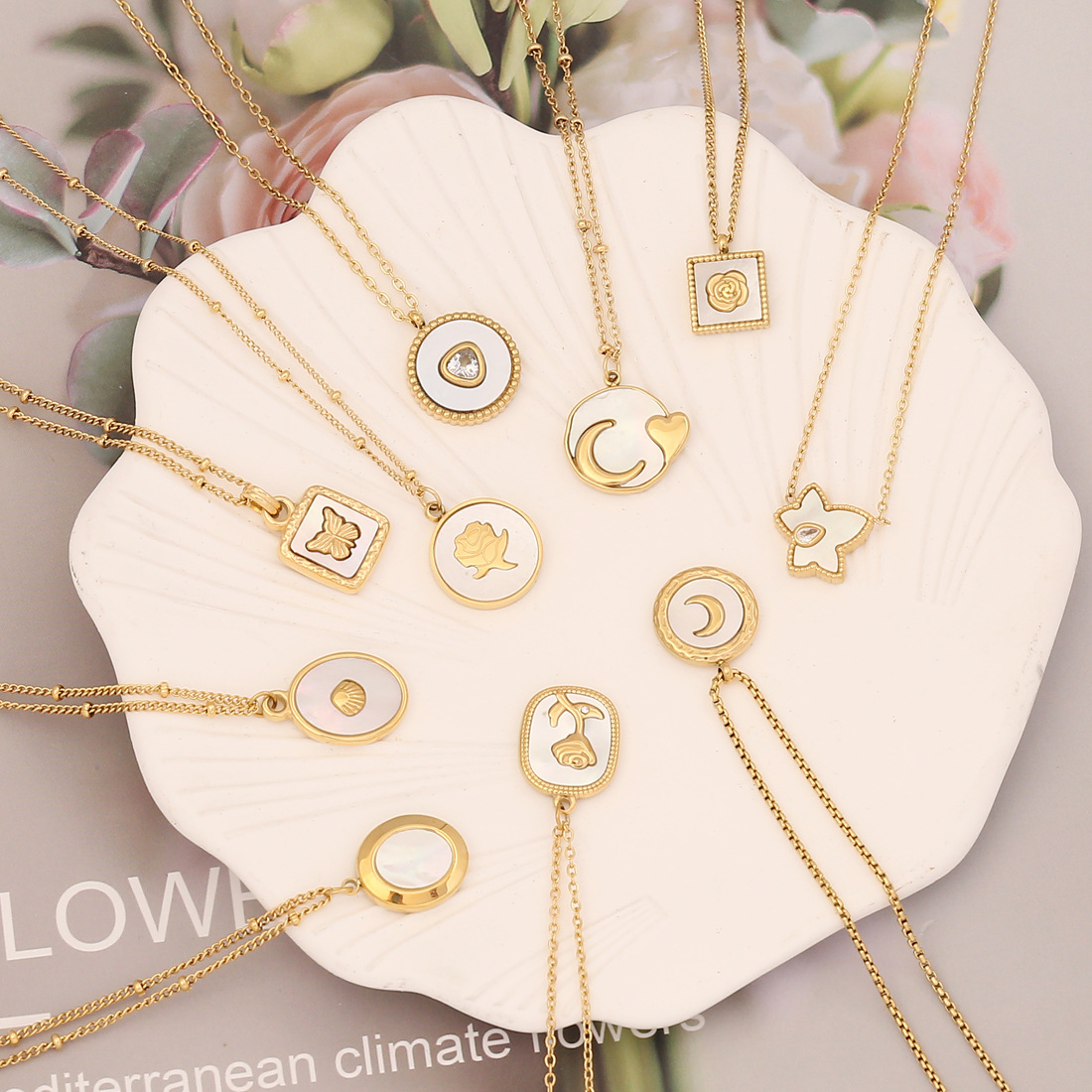 Fashion Flower Butterfly Stainless Steel Plating Inlay Shell Pendant Necklace 1 Piece