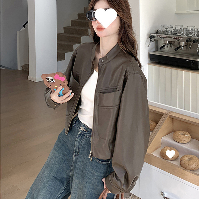 H8A咖啡色皮衣外套女春秋2025新款美式复古小个子pu皮夹克机车服|undefined