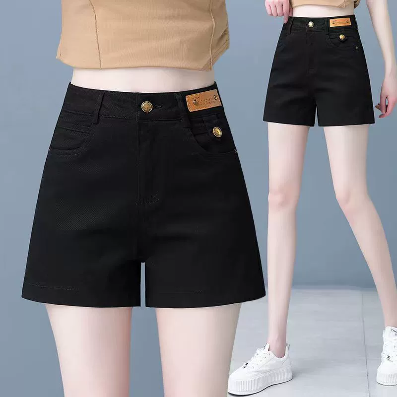 Женские джинсовые шорты из эластичного денима, лето 2023, тонкие, с высокой талией, свободные, утягивающие, широкие шорты трапециевидной формы, модные, закрывающие тело.