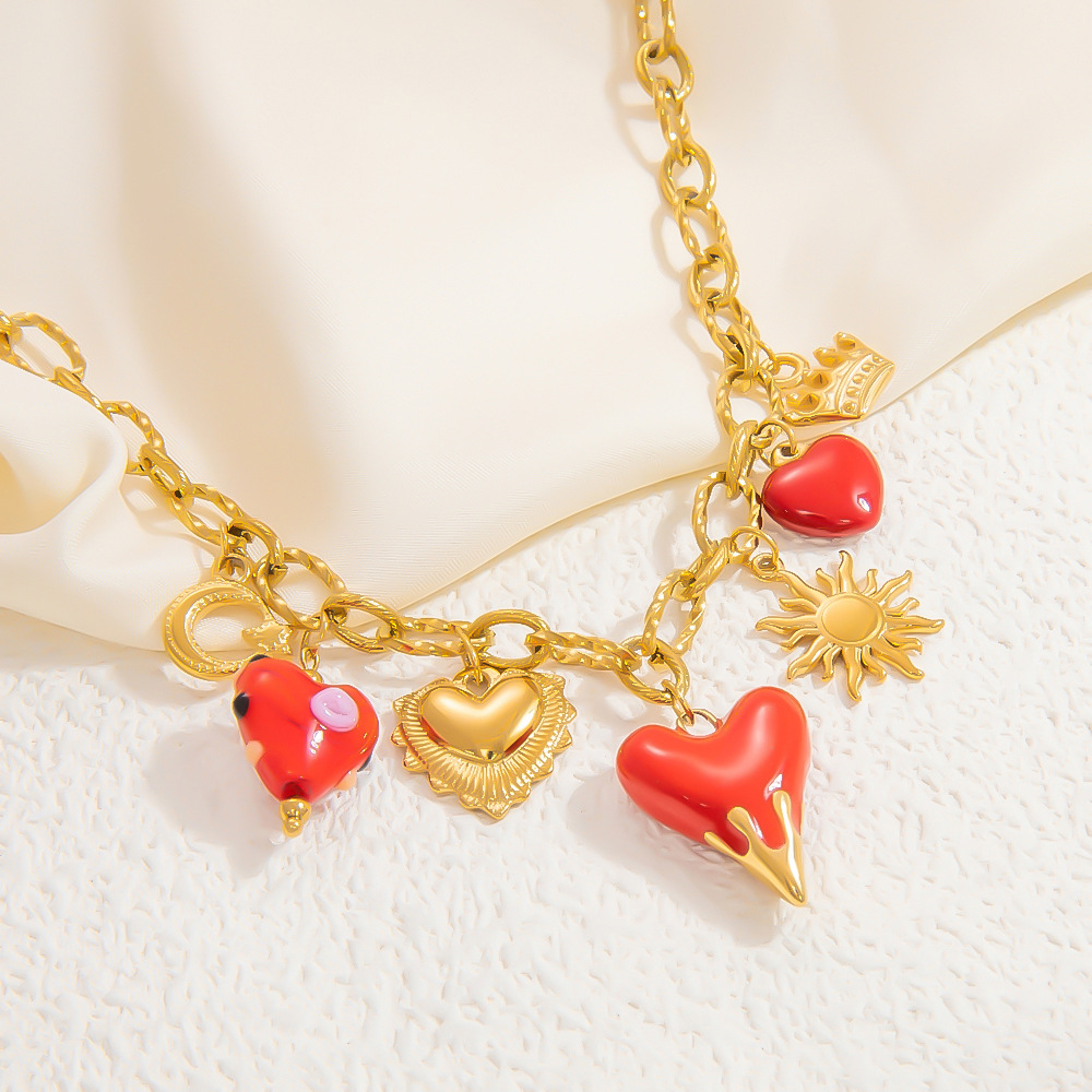Paperclip Chain Chain Type 1 Piece Quantity Wholesale Jewelry IG Style Sun Heart Shape Crown 304 Stainless Steel 18K Gold Plated Enamel Plating Pendant Necklace