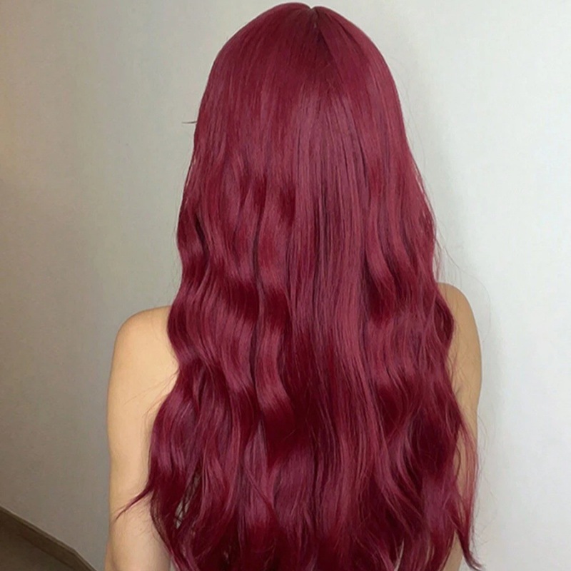 Estilo europeo y americano Cosplay pequeño rizado flequillo Rosa rojo largo pelo rizado onda grande cabeza completa cubierta realista Peluca de las mujeres