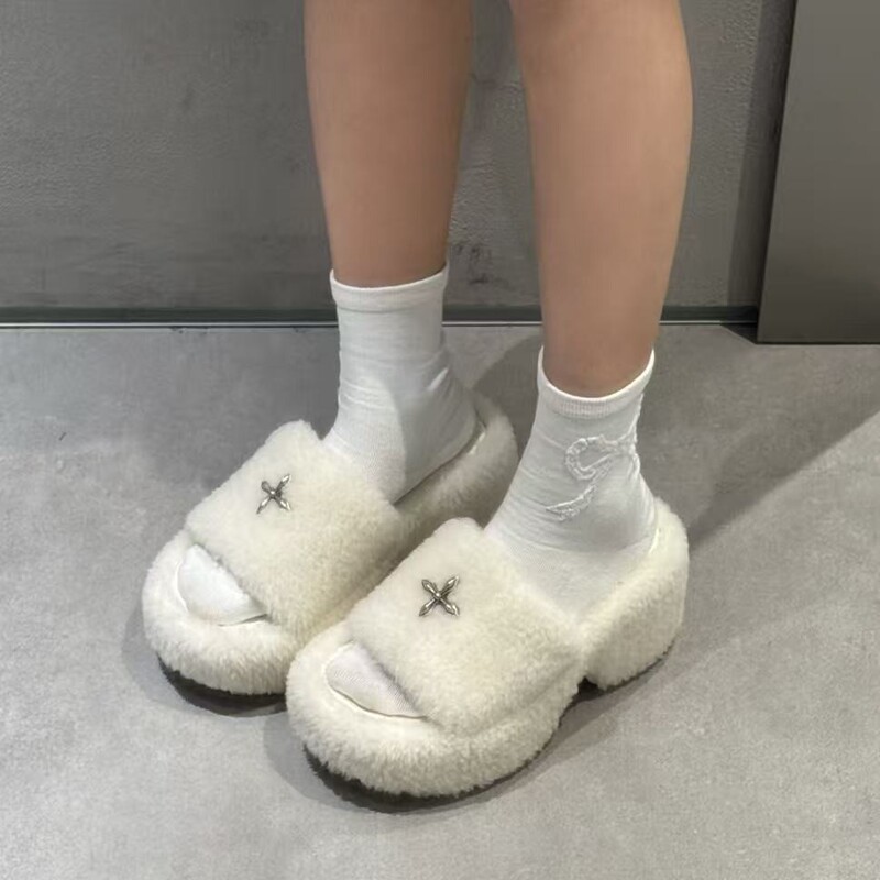 Sk Cross Statue Fur Integrated High-Heeled Slippers Multi-Color Shearling Outer Wear Casual Thick-Soled Women's 25 Winter New Style