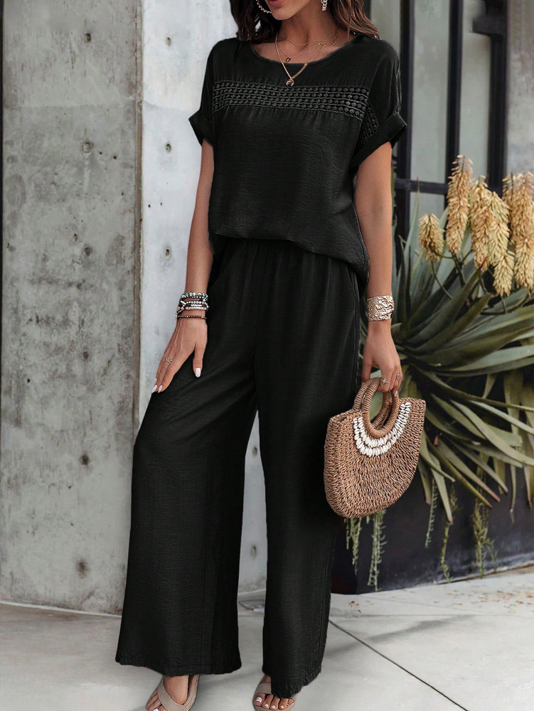 455g Weight Half Sleeve, Half Sleeve Sleeve Length Spandex, Polyester Fabric Type Low Waist Waist Line Short Top Length Pant Co-ord Set, Pant Co-ord Set Sets Type 2 Pieces Set Quantity Casual, Daily Occasion Round Neck, Round Neck Neckline Loose, Loose Fit Type Stripe, Solid Color Pattern Summer, Spring, Autumn Season Women's Gender Hollow Out Design Streetwear, Streetwear Style Apricot Color KaiKuO Women's Fashion Independent Station 2024 Spring Summer Export Casual Fashion Solid Color Short Sleeve Long Pants Hollow Out Set 31