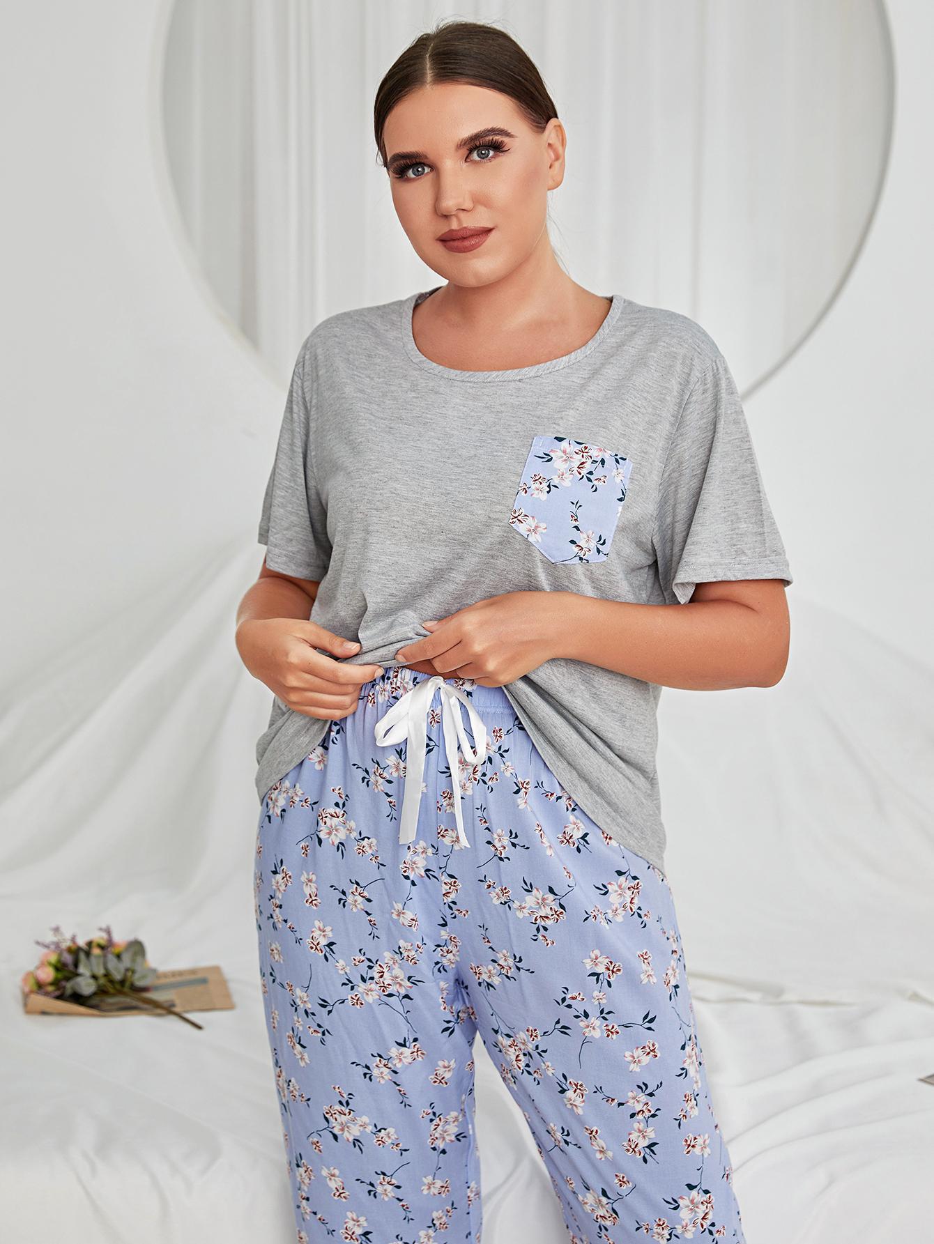 plus size short-sleeved high waist loose floral two-piece Loungewear-Can be worn outside NSWFC130328