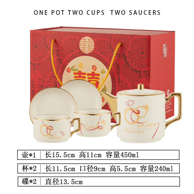 INS pareja flor juego de té regalo de boda chapado en oro taza de café tetera de cerámica taza de agua caja de regalo de boda traje
