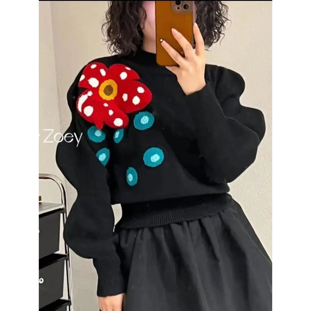 秋冬新款时尚立领花朵黑色套头毛衣女小众设计感洋气俏皮长袖上衣