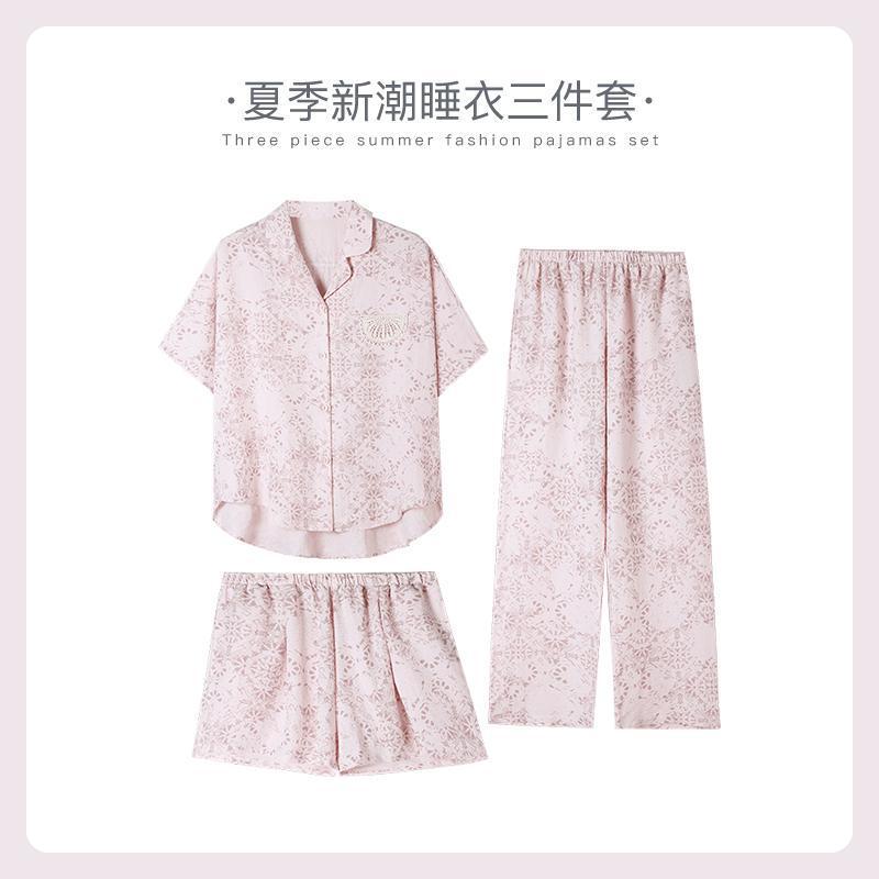 Li Yin Niche Designer's New Bubble Foam Women's Pajamas Summer Short-Sleeved Three-Piece Set for Going Out and Home Wear
