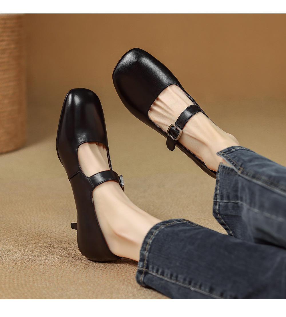 Giày nữ gót trung bình 4 cm mũi vuông da cừu phong cách bà ngoại đơn giản đi làm — màu nâu chi tiết 7