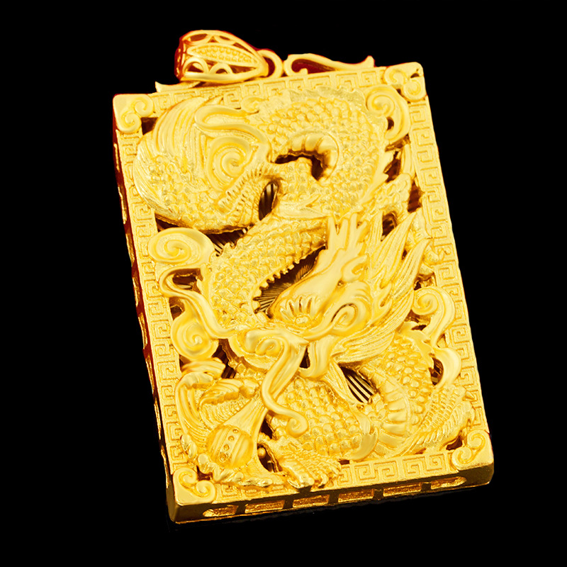 Collana con ciondolo da uomo in ottone con perline in sabbia vietnamita, accessori in oro, drago, totem, carta quadrata_voghion.com