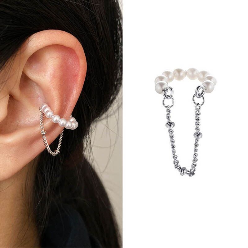 Europe and America senior Cold No pierced ears chain Earrings Simplicity Retro Pearl double-deck Ear bones Ear clip