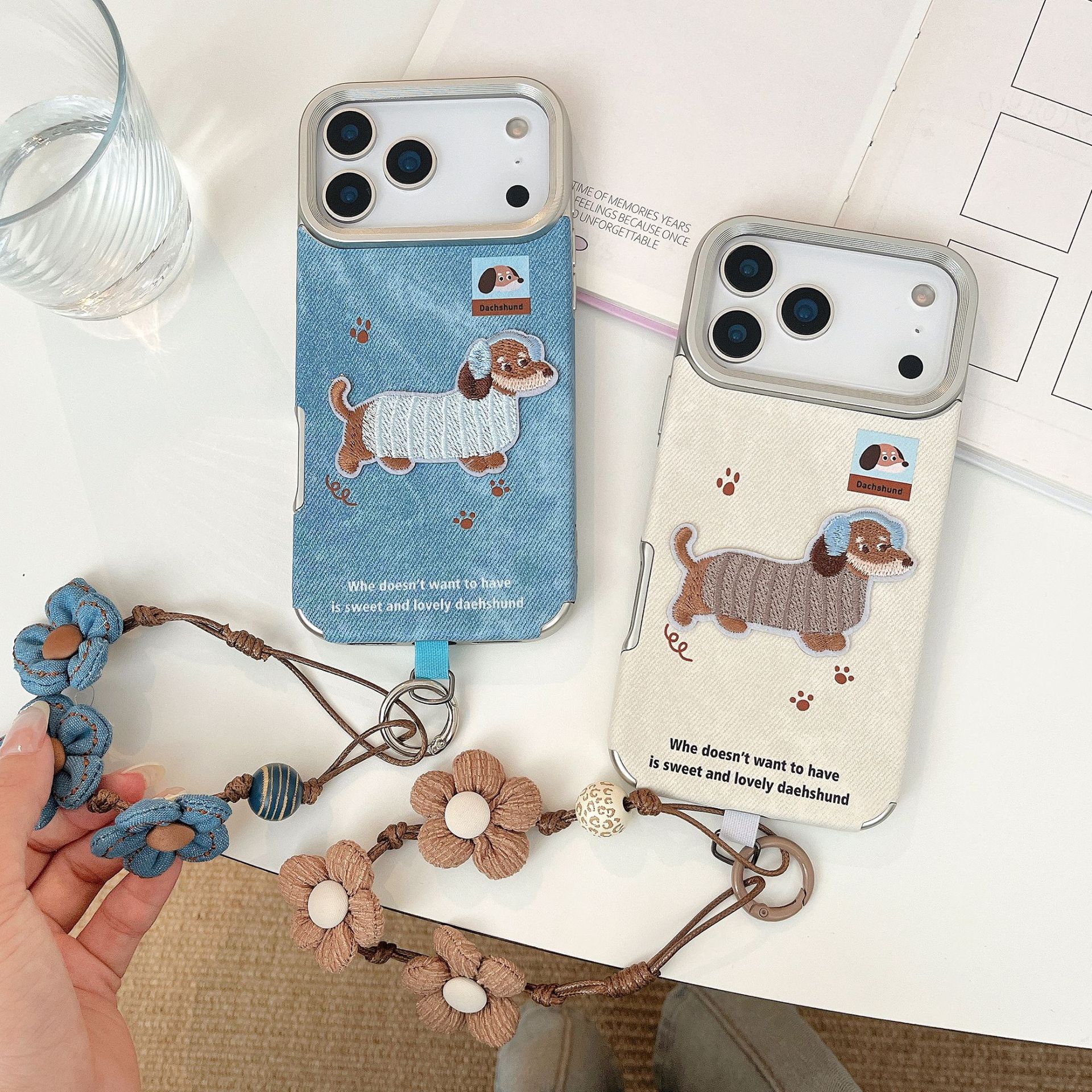Large Hole Silver Embroidery Dachshund Dog with Hand Rope Suitable for Huawei Mate60Pro Mobile Phone Case P70P Denim Leather P80