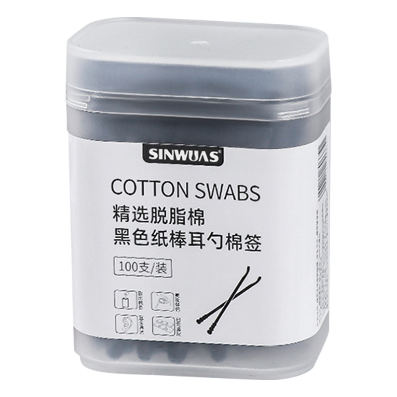 Doble cabeza de doble uso 2 en 1 hisopo de algodón absorbente negro cuchara de oído maquillaje hogar desechable hisopo de algodón limpieza del oído 100 piezas