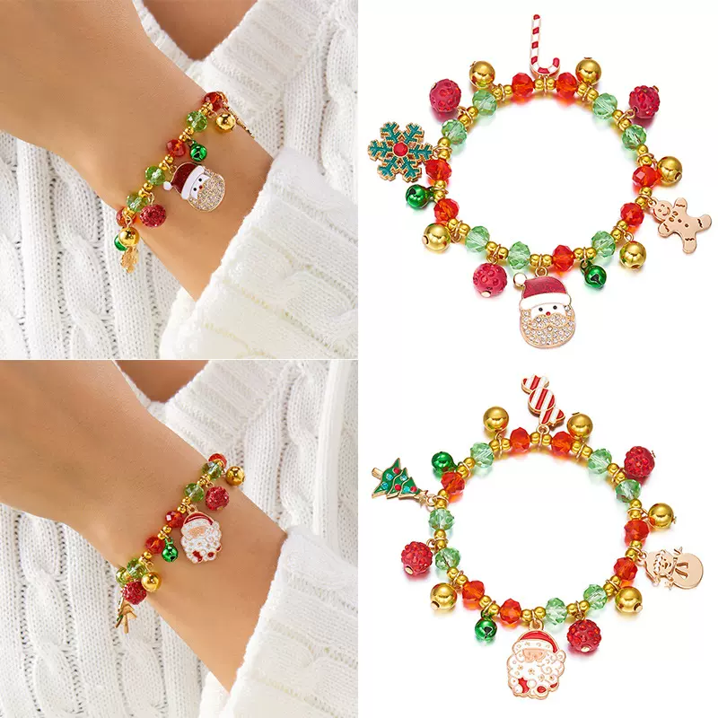 欧美跨境新款圣诞节水晶串珠手串女百搭镶钻圣诞老人雪花配件手链