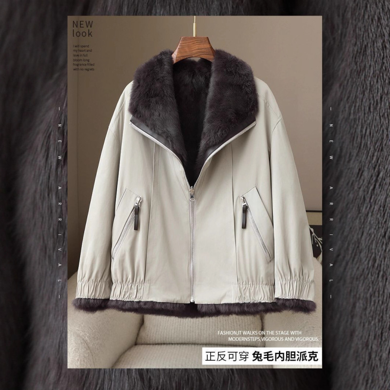 2025反季高端秋冬新款女式韩版休闲兔毛内胆双面穿尼克服皮草外套|undefined