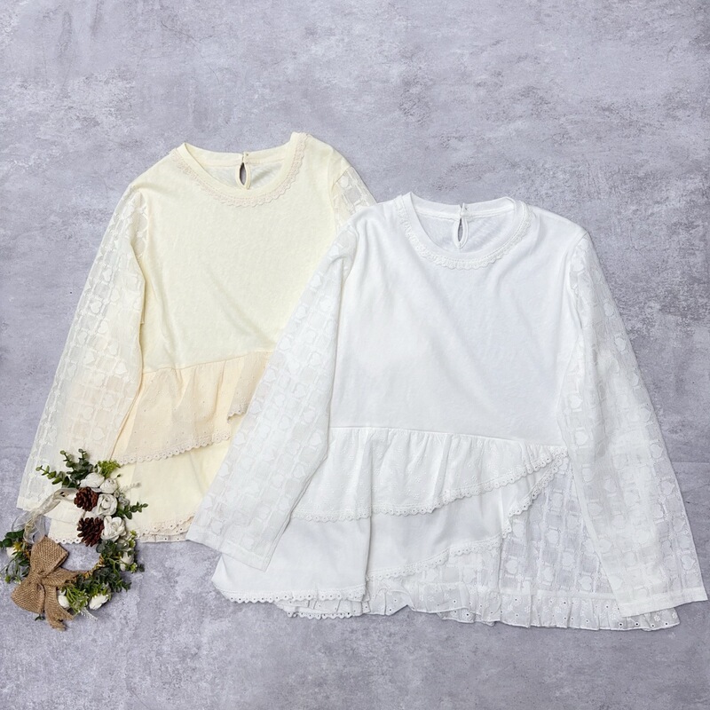 Japanese-Style Spring Round-Neck Lace Three-Layer Hem Pullover Top, Fashionable, Age-Reducing, Slimming, Thin Base Layer Women's Clothing