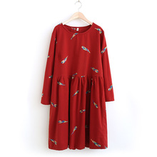 连衣裙女秋冬款2021新款提花刺绣棉麻大码中长裙磨毛外套女装裙子