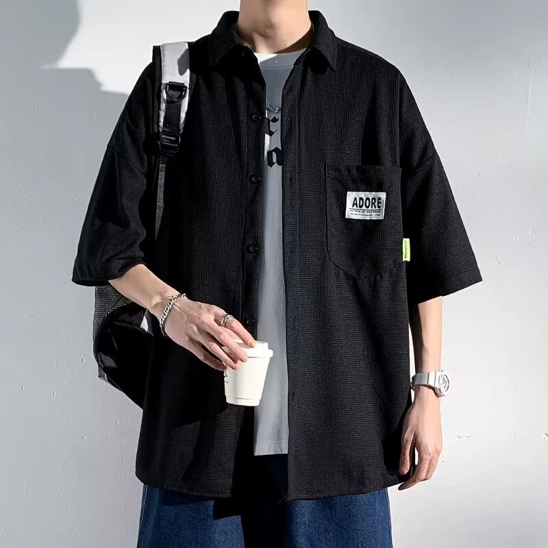 Новая мужская рубашка с короткими рукавами в гонконгском стиле, универсальная рубашка большого размера с половиной рукавов для пар, универсальная мужская рубашка с короткими рукавами