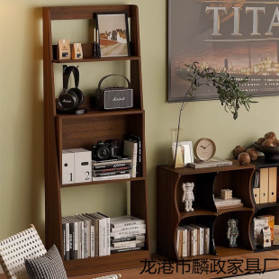 Bookshelf Black Walnut Color Display Rack Book Rack Middle Ancient Living Room Floor Multi-layer Storage Rack Retro Ultra-thin Side Cabinet