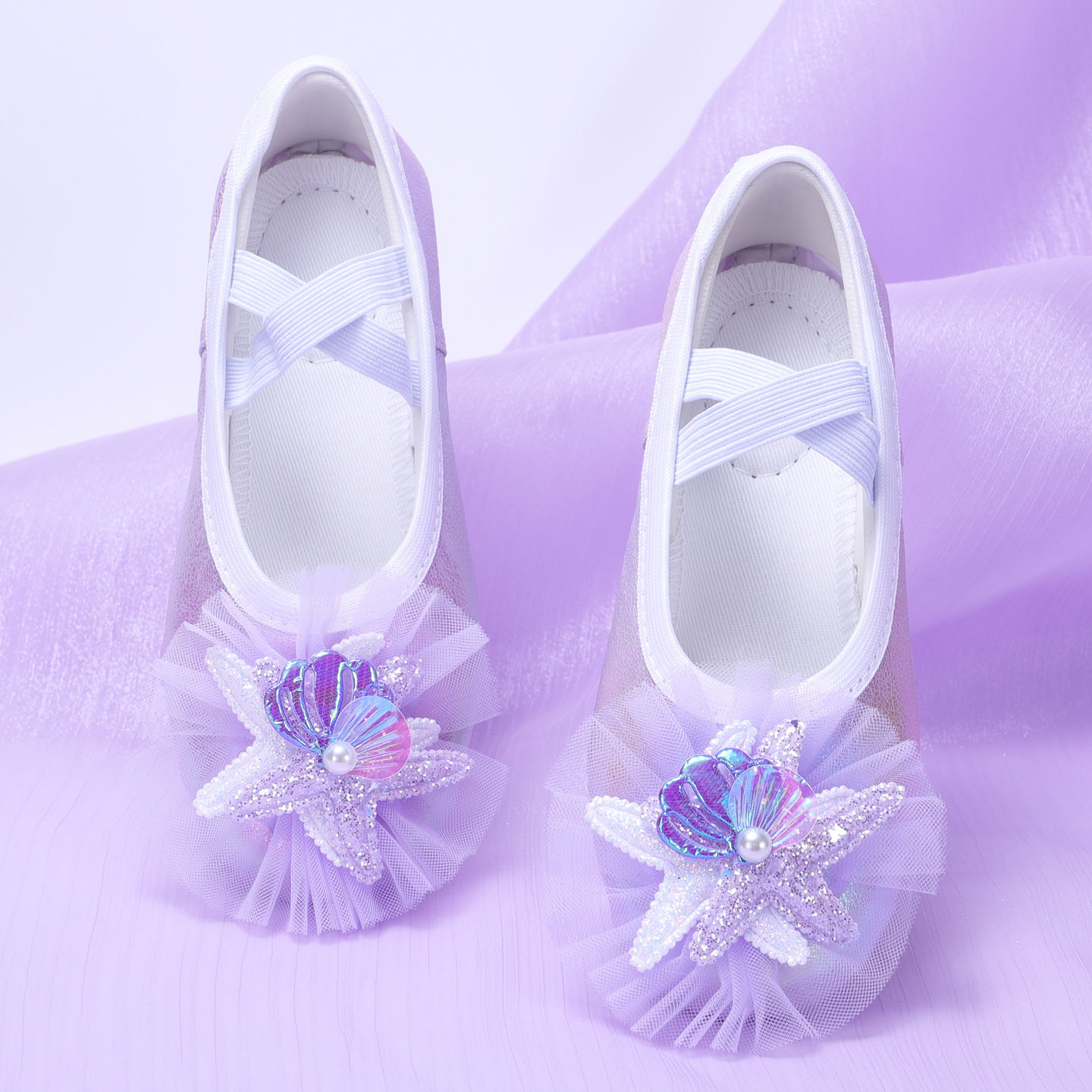 Satin Kidsren's Dance Shoes Cute Starfish Shell Girls Practice Stage Performance Soft Sole Cat Claw Shoes Ballet 8125