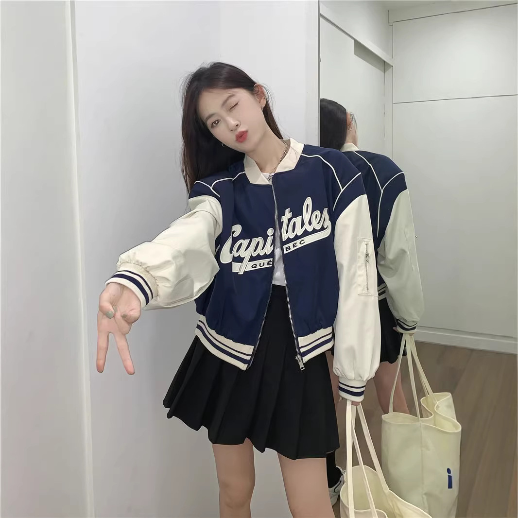 New Style American Retro Beige and Blue Color-Blocked Short Baseball Jacket for Women, Spring and Autumn Niche Design Jacket