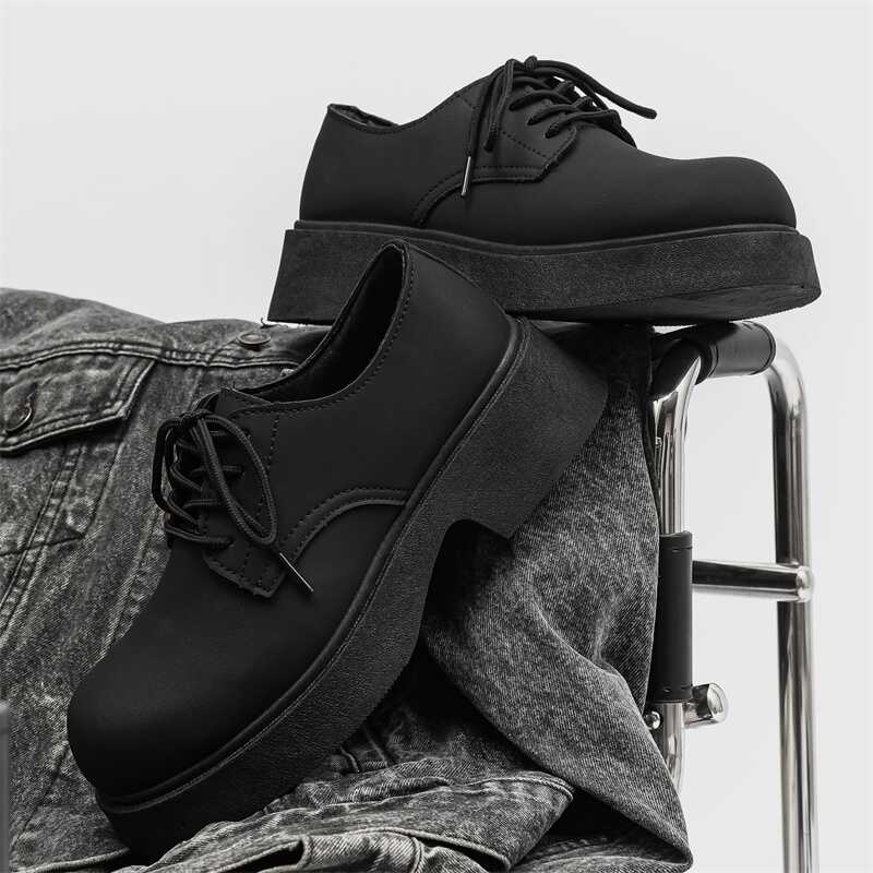 ShoeVault Round Toe Derby For Men Winter Casual Chunky Couple Thick Sole Height Increasing Black Matte British Leather Shoes_voghion.com
