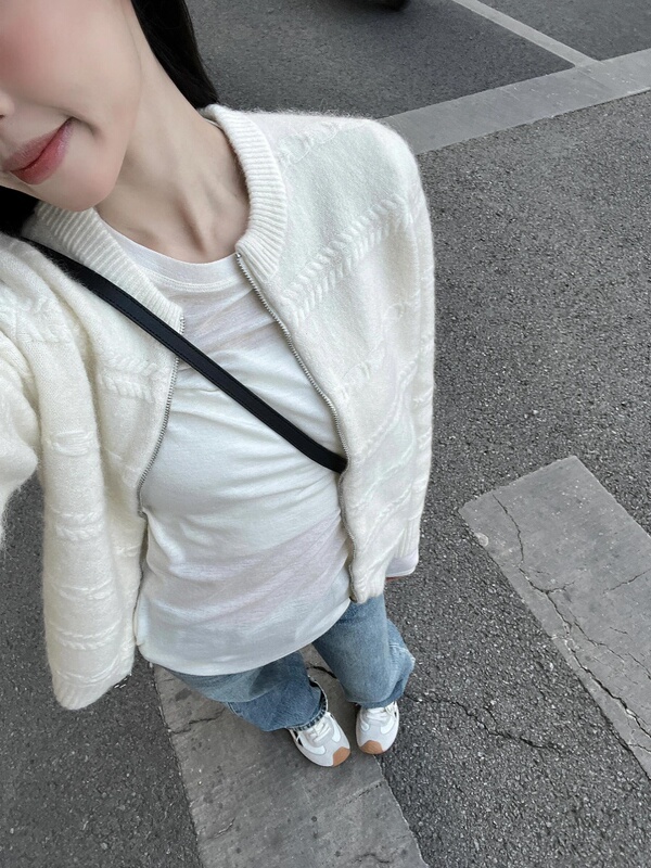 早秋穿搭上衣白色慵懒毛衣开衫外套女秋冬拉链宽松别致外搭针织衫|undefined